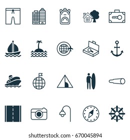 Travel Icons Set. Collection Of Ranch Home, Sail Ship, Surf-Board And Other Elements. Also Includes Symbols Such As Visited, Rudder, Farm.