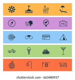 Travel Icons Set. Collection Of Route, Reef, Ornament Watch And Other Elements. Also Includes Symbols Such As World, Way, Ice.