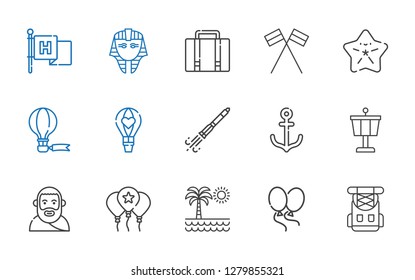 travel icons set. Collection of travel with rucksack, balloons, palm tree, balloon, plato, control tower, anchor, rocket ship, hot air balloon. Editable and scalable travel icons.