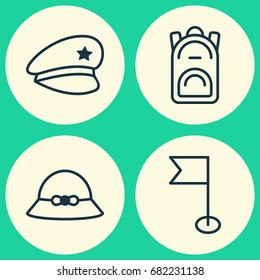 Travel Icons Set. Collection Of Rucksack, Woman Cap, Ensign And Other Elements. Also Includes Symbols Such As Flag, Pennant, Cap.