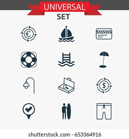 Travel Icons Set. Collection Of Sail Ship, Lamppost, Currency Recycle And Other Elements. Also Includes Symbols Such As Euro, Street, Light.