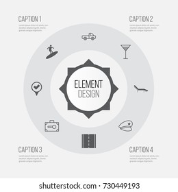 Travel Icons Set. Collection Of Security Baggage, Cop Hat, Boardsports And Other Elements. Also Includes Symbols Such As Police, Comfort, Surfing.