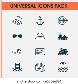 Travel Icons Set. Collection Of Ship Hook, Vehicle Car, Summer Glasses And Other Elements. Also Includes Symbols Such As World, Pickup, Shipping.