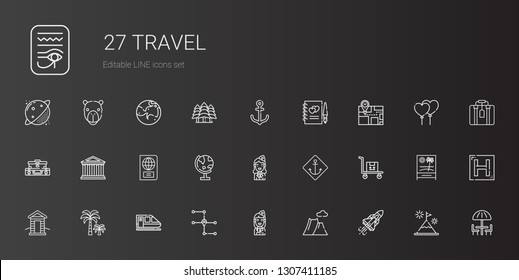 travel icons set. Collection of travel with space shuttle, mountain, stewardess, map, train, palm tree, cabin, transportation, anchor, globe. Editable and scalable travel icons.