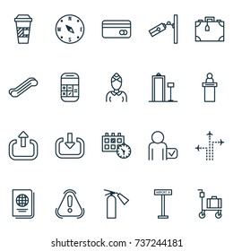 Travel Icons Set. Collection Of Suitcase, Exit, Fire Extinguisher And Other Elements. Also Includes Symbols Such As Coffee, Passport, Direction.