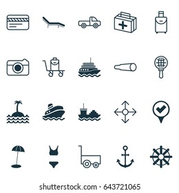 Travel Icons Set. Collection Of Trip Handbag, Ship Hook, Checked Pointer Elements. Also Includes Symbols Such As Comfort, Chair, Street.