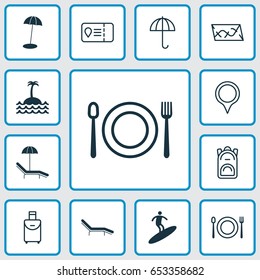 Travel Icons Set. Collection Of Trip Access, Eating, Coast Parasol And Other Elements. Also Includes Symbols Such As Point, Gingham, Sea.