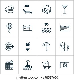 Travel Icons Set. Collection Of Trip Access, Cop Hat, Baggage On Conveyor And Other Elements. Also Includes Symbols Such As Clothes, Sea, Magnifier.