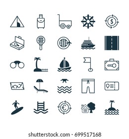 Travel Icons Set. Collection Of Trip Access, Trip Handbag, Currency Recycle Elements. Also Includes Symbols Such As Sea, Basin, Plane.