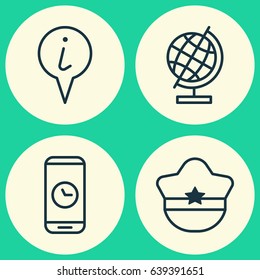 Travel Icons Set. Collection Of World Sphere, Pilot Hat, Info Pointer And Other Elements. Also Includes Symbols Such As Info, Time, Pointer.