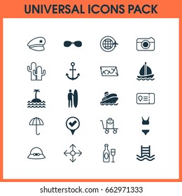 Travel Icons Set. Collection Of World Travel, Basin Ladder, Cacti And Other Elements. Also Includes Symbols Such As Check, Shipping, Surfing.