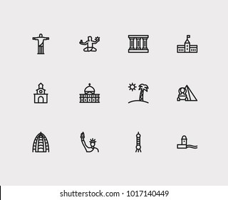 Travel icons set: colombia, puerto rico, greek and building, monument, new york set popular traveling cities with ocean vector icon illustration for app web mobile UI logo desing.