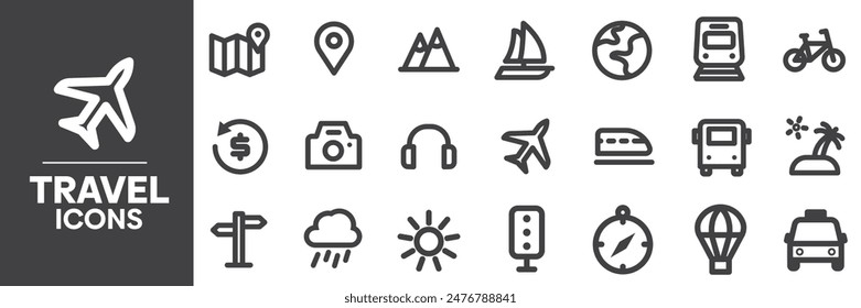 Travel Icons Set, Containing All Travel Icons Outlines, Vector Illustration Collection Editable eps10