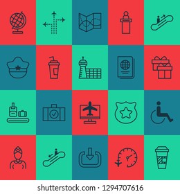 Travel icons set with cop cap, travel map, aerodrome and other cop symbol elements. Isolated vector illustration travel icons.