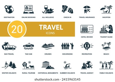 Travel icons set. Creative icons: destination, online booking, all inclusive, check in, travel insurance, vacation, hotel review, tourist guide and more