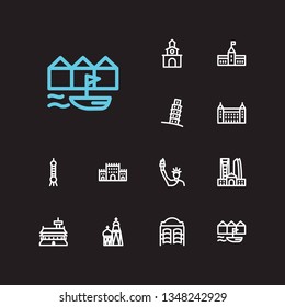 Travel icons set: denmark, spain, russia and monument, bogota, barossa set popular traveling cities with saloon vector icon illustration for app web mobile UI logo desing.