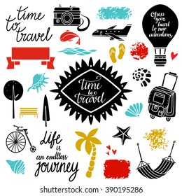 Travel icons set. Design elements isolated. Calligraphic text