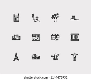 Travel icons set: detroit, puerto rico, brasil and monument, castle, statue set popular traveling cities with traditional vector icon illustration for app web mobile UI logo desing.