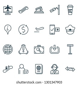 Travel icons set with direction arrows, mobile booking, call center and other airplane information elements. Isolated vector illustration travel icons.