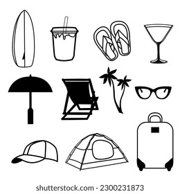 Travel icons set in doodle technique vector illustration 