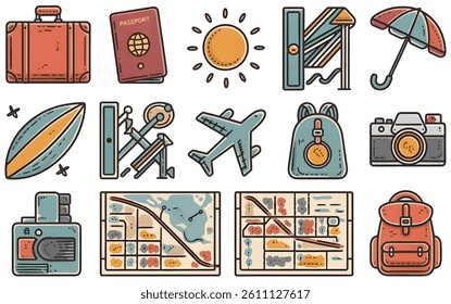 Travel icons set Travel doodle White Background