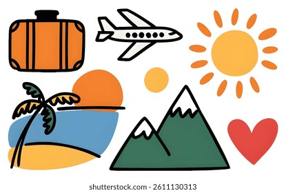 Travel icons set Travel doodle White Background