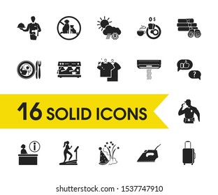 Travel icons set with dry cleaning, feedback and air conditioner elements. Set of travel icons and entertainment concept. Editable vector elements for logo app UI design.