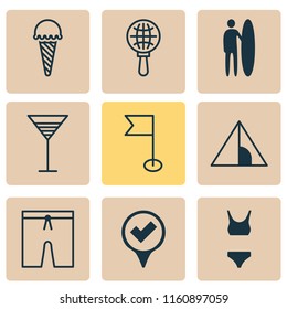 Travel icons set with flag, bikini, cocktail and other bathing costume  elements. Isolated vector illustration travel icons.