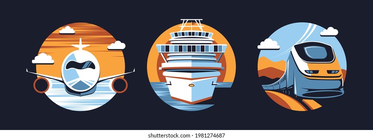 Travel Icons Set flat design. Colorful Airplane, Train, and Ship flat icon.