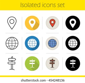 Travel icons set. Flat design, linear, black and color styles. Geolocation mark, globe symbol, wooden way direction, map pinpoint. Tourism isolated vector illustrations