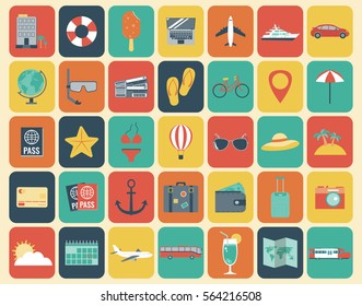 Juego De Iconos De Viaje. Diseño plano. Vector 