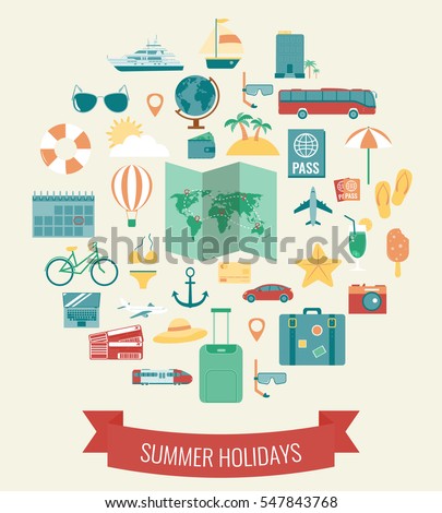 Travel Icons Set. Flat design style. Vector illustration
