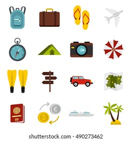 Travel icons set in flat style. Tourism elements set collection vector illustration