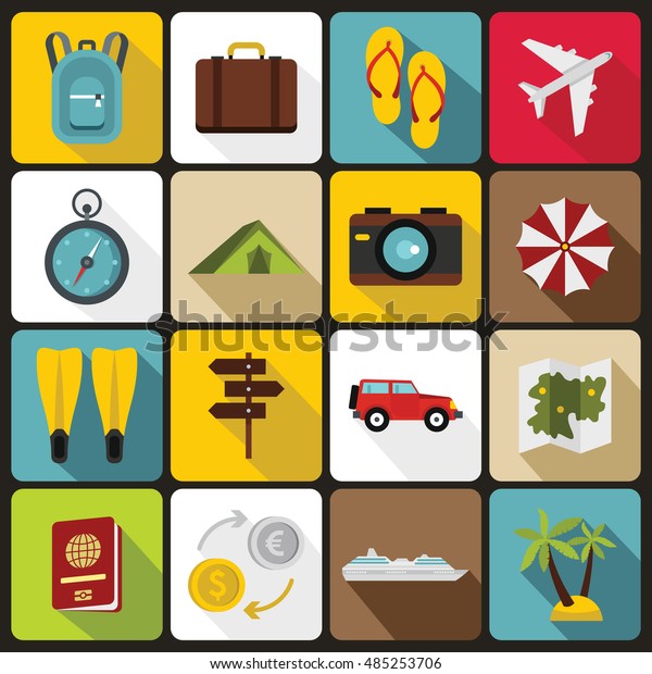 Travel icons set in flat style. Tourism\
elements set collection vector\
illustration