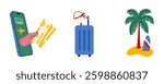 Travel icons set. Flat vector illustration of travel elements: booking flight tickets, suitcase with hat, tropical beach with palm tree, surfboard. Holiday, tourism, vacation concept.