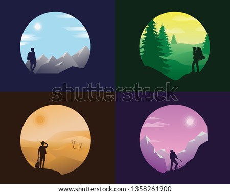 Travel icons set with four different types of travelling, landscripes icons, two mountins pictures, desert and forest