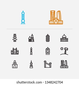 Travel icons set: germany, dubAI, florida and russia, maharashtra, petersburg set popular traveling cities with structure vector icon illustration for app web mobile UI logo desing.