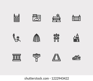 Travel icons set: greek, new york, seul and skyscraper, monument, russia set popular traveling cities with traditional vector icon illustration for app web mobile UI logo desing.