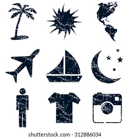 Travel icons set grunge, black, on white background
