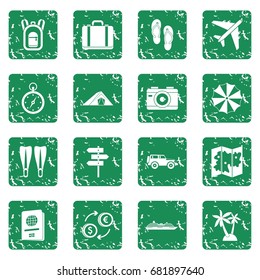 Travel icons set in grunge style green isolated vector illustration