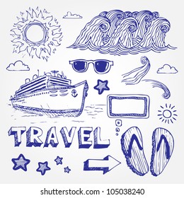 Travel icons set. Hand drawn sketch illustration isolated on white background