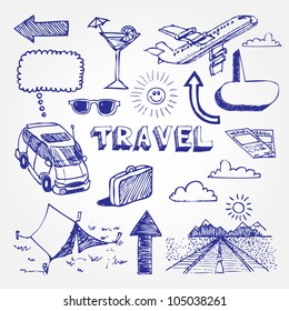 Travel icons set. Hand drawn sketch illustration isolated on white background