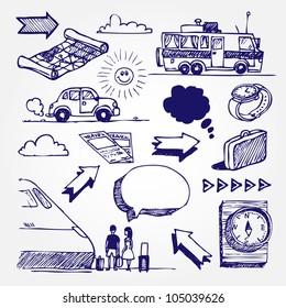 Travel icons set. Hand drawn sketch illustration isolated on white background