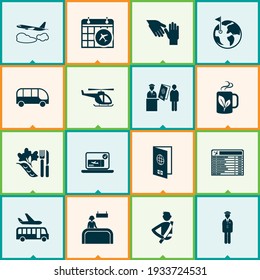 Travel icons set with helicopter, flight date, passport control and other registration board elements. Isolated vector illustration travel icons.