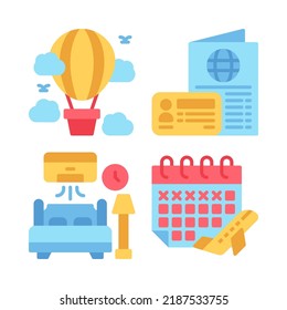 travel icons set = hot air balloon, passport, hotel, calendar. Perfect for website mobile app, app icons, presentation, illustration and any other projects