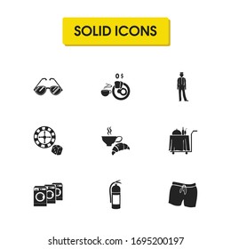 Travel icons set with hotel food delivery, casino and hotel worker elements. Set of travel icons and service trolley concept. Editable vector elements for logo app UI design.