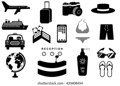 Travel icons set isolated on white background. Silhouettes of luggage, globe and transport. Black and white vector illustration.