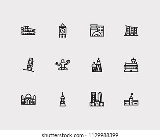 Travel icons set: italy, chicago, dubAI and cityscape, monument, india set popular traveling cities with tall vector icon illustration for app web mobile UI logo desing.