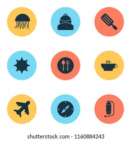 Travel icons set with jellyfish, oxygen cylinder, aircraft and other solar elements. Isolated vector illustration travel icons.