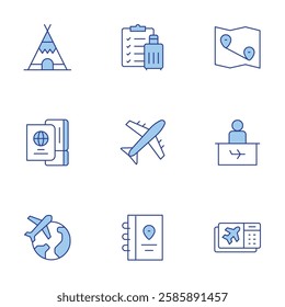 Travel icons set. Line Duotone style, editable stroke. teepee, travel, traveling, airplane, boarding pass, check in desk, check list, diary, map.